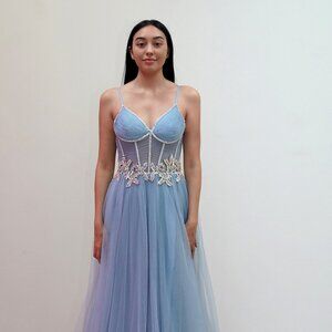 New A-Line Evening Long Mesh Gown w/ Sheer Boned Bodice & Lace Up Back JT2638G